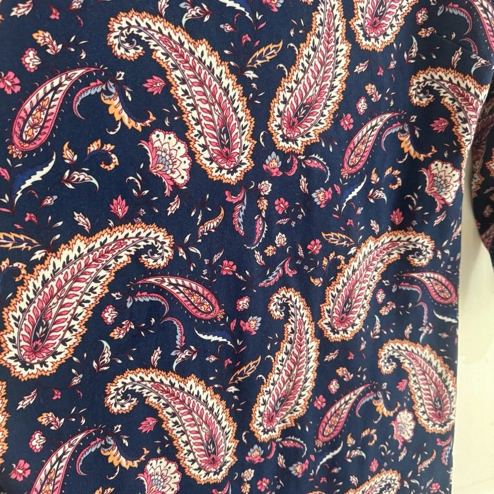 Talbots Dress Women's Sz‎ M Blue Pink Paisley Split Neck 3/4 Sleeve Lounge